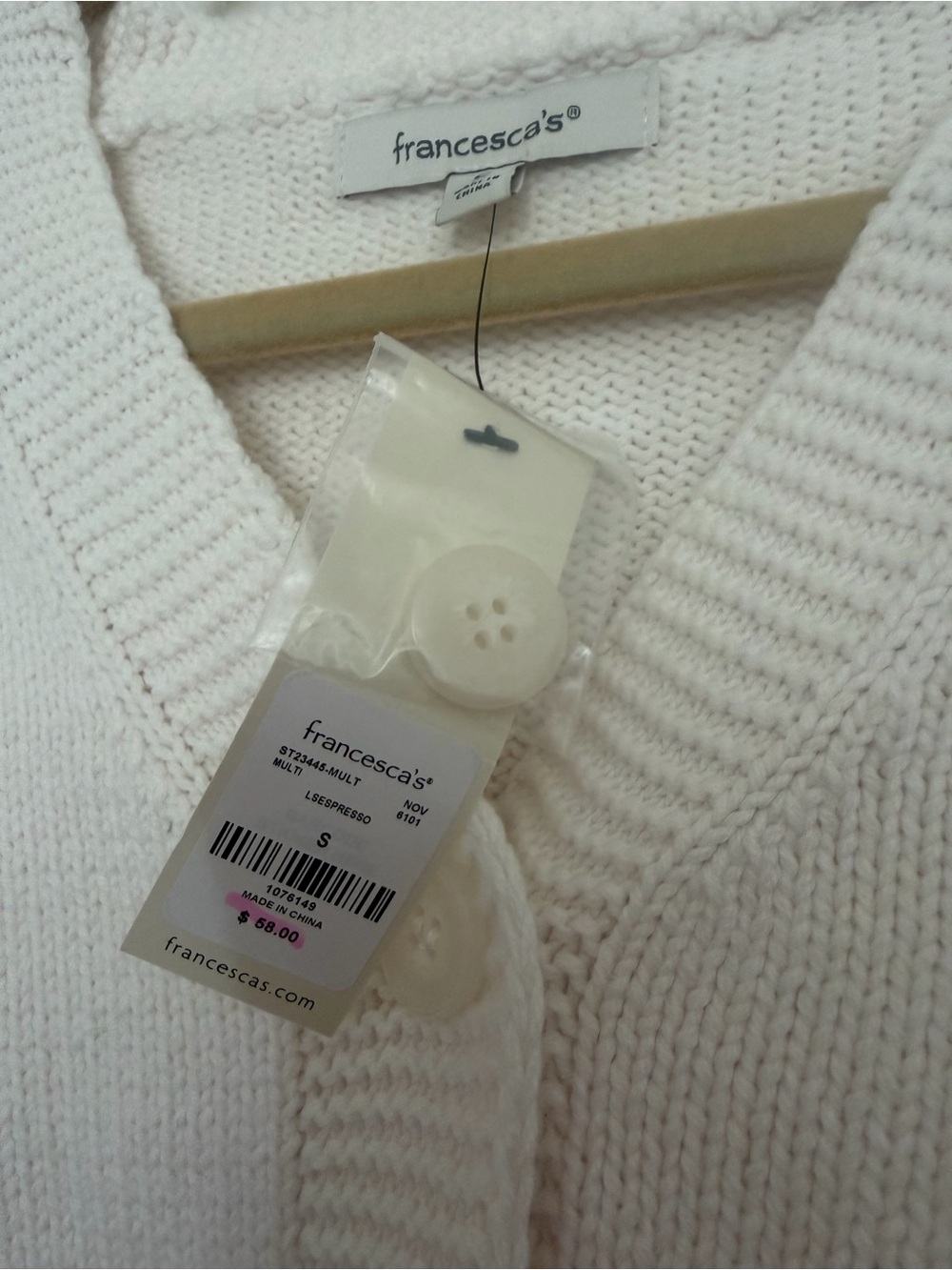 Francesca's Collections White Espresso Martini V-Neck Cardigan with Pink Bows - Picture 4 of 4